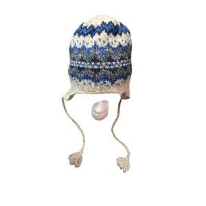 VTG Knit Outerwear Wool Earflap Hat Braided Tassels & Nordic Pattern Beige/Blue